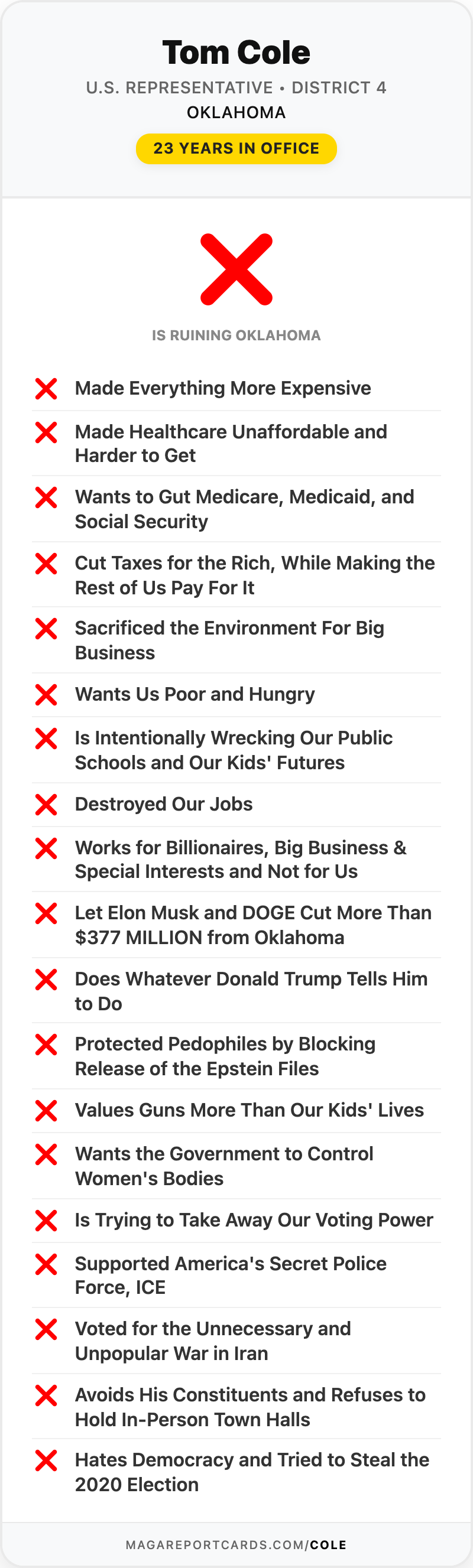 Tom Cole Report Card
