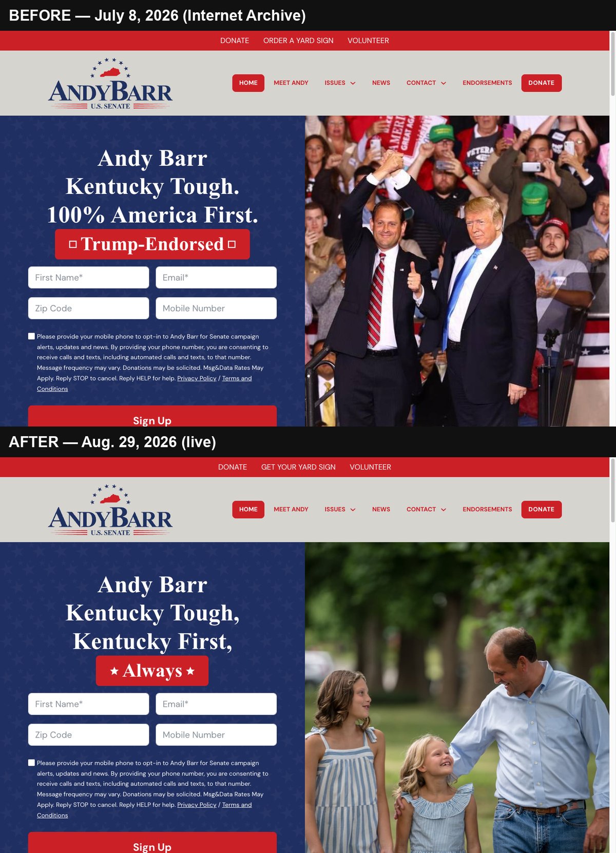 Trump Pushed a Rival Out of the Kentucky Senate Race for Andy Barr in May. By Late July, Barr's Website Had Deleted the 'Trump-Endorsed' Badge and the Rally Photo.